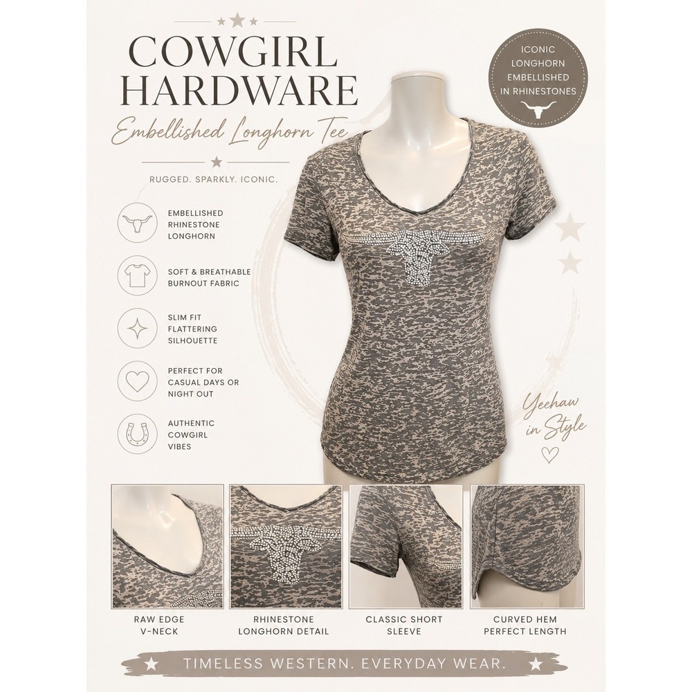 Cowgirl Hardware‎ Embellished Longhorn Burnout V-Neck Tee Gray Medium Slim Fit
